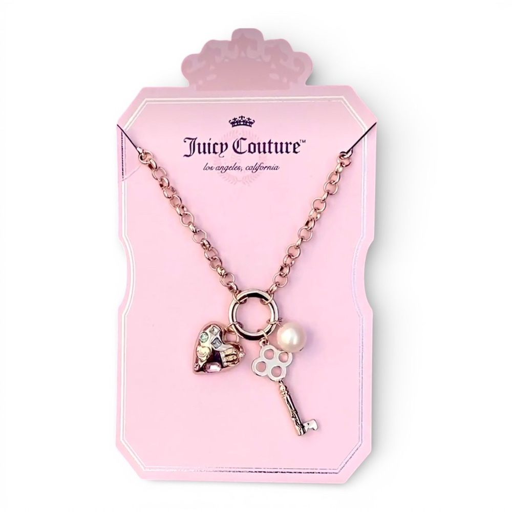 Juicy Couture Heart, Key, and Faux Pearl in Gold Tone Charm Necklace NWT